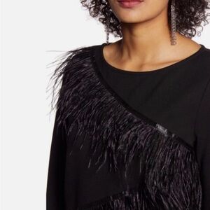 Scripted Black Cashmere Ostrich Feather-Trimmed Long Sleeve Sweater Size Small